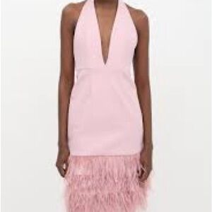 Milly Sleeveless Pink Halter Mini Dress with Feather Trim